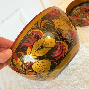 (2) Vintage Khokhloma Russian Folk Art Hand Painted Wooden Bowls